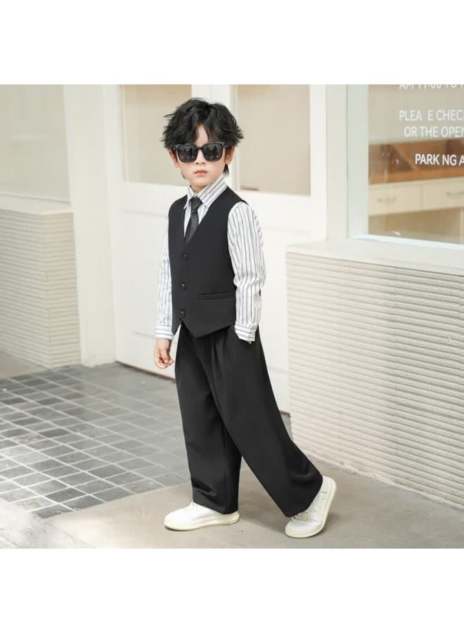 Luobobeibei Children's Suit Boys Autumn Formal Wear Boys Flower Boy Host Blazer Black Four-piece Set Size 140 - Image 4