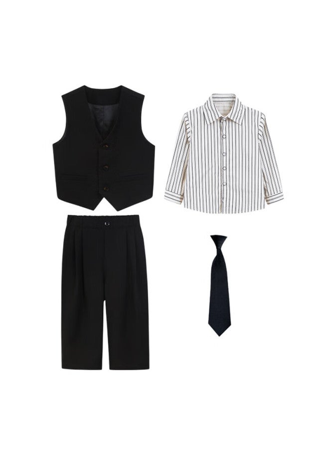 Luobobeibei Children's Suit Boys Autumn Formal Wear Boys Flower Boy Host Blazer Black Four-piece Set Size 140 - Image 2