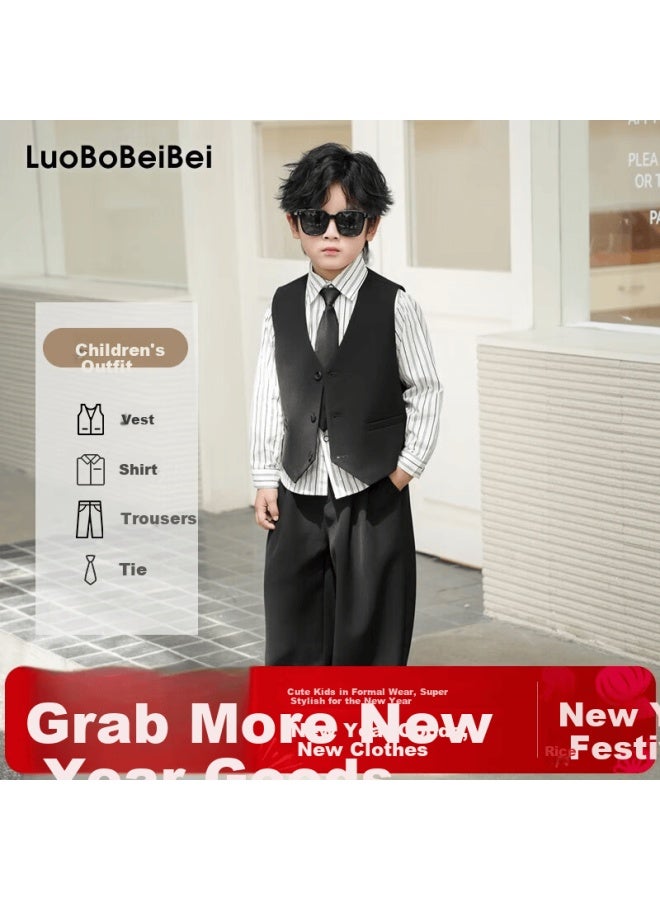 Luobobeibei Children's Suit Boys Autumn Formal Wear Boys Flower Boy Host Blazer Black Four-piece Set Size 140 - Image 1