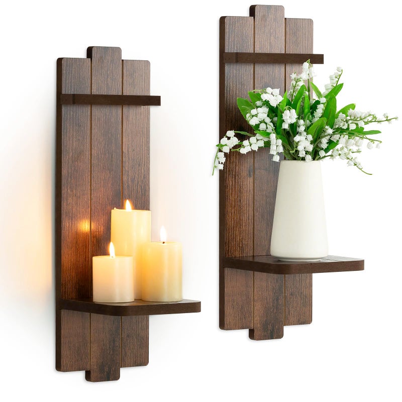 Walasis - Set of 2 Farmhouse Wood Candle Holders, Classic Wall Mounted Shelf for Fireplace, Mantel, Bedroom, Living Room - Image 1