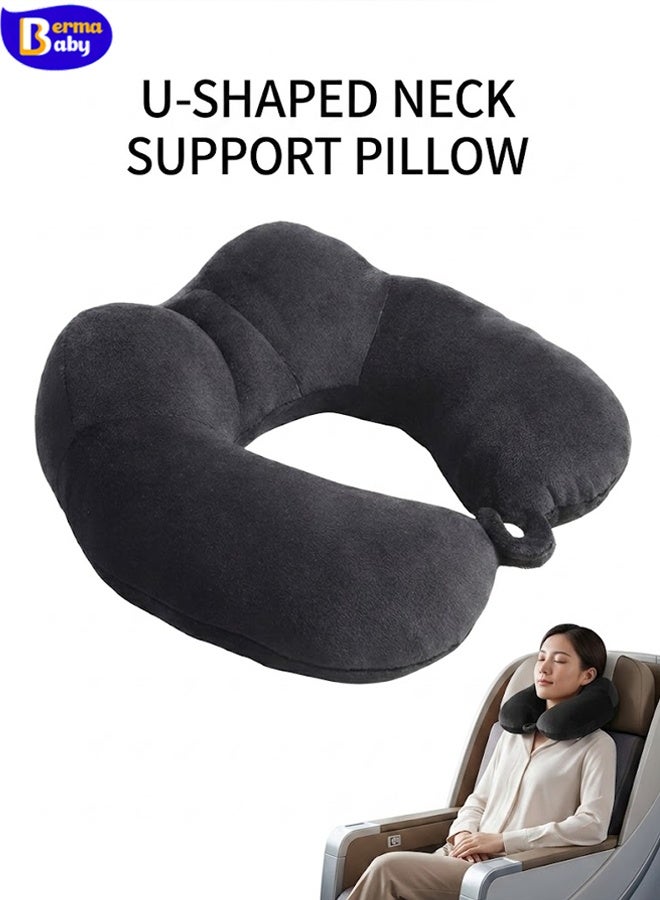 Berma Baby Travel Neck Pillow, U-Shaped Memory Foam Neck Support Pillow, Airplane Travel Pillow for Adults, Adjustable Ergonomic Neck Pillow for Car, Flight and Travel, Camelback Design, Black - Image 1