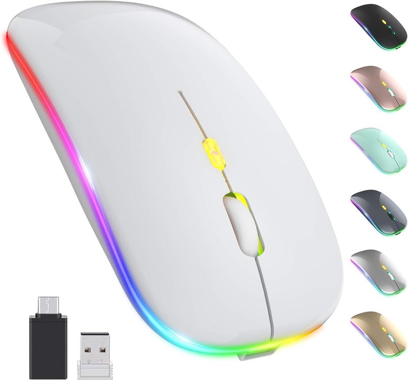 CLUSPEX LED Wireless Mouse, Slim Silent Mouse 2.4G Portable Mobile Optical Office Mouse with USB & Type-c Receiver, 3 Adjustable DPI Levels for Notebook, PC, Laptop, Computer (White) - Image 1