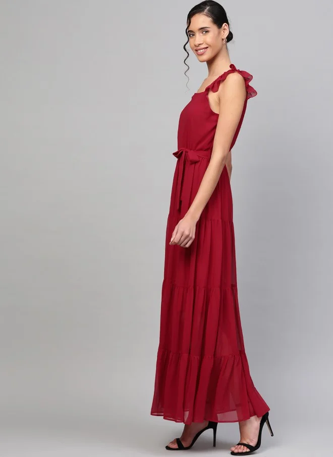 SASSAFRAS Maroon Tiered Maxi Dress for Women