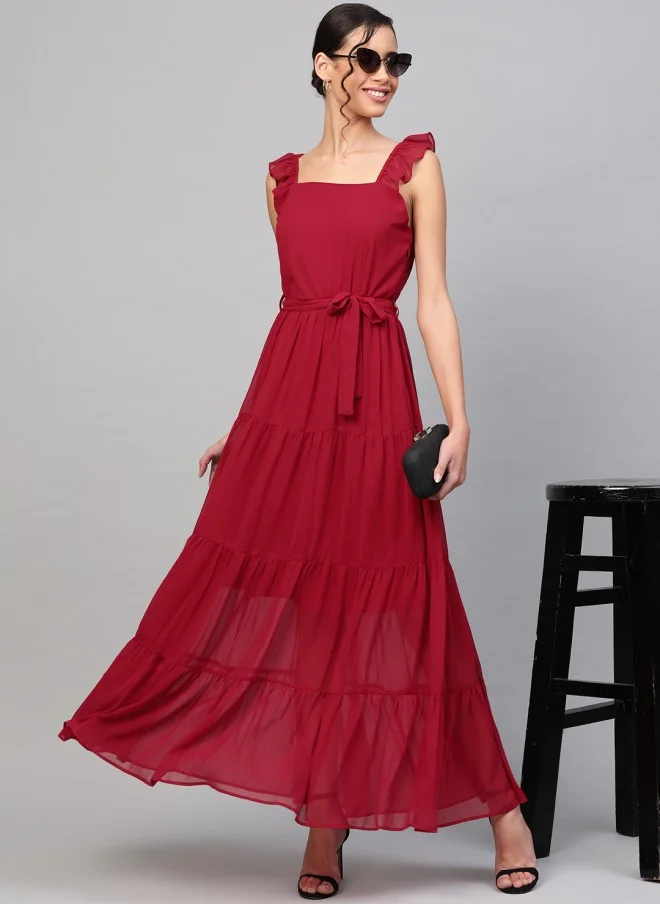 SASSAFRAS Maroon Tiered Maxi Dress for Women
