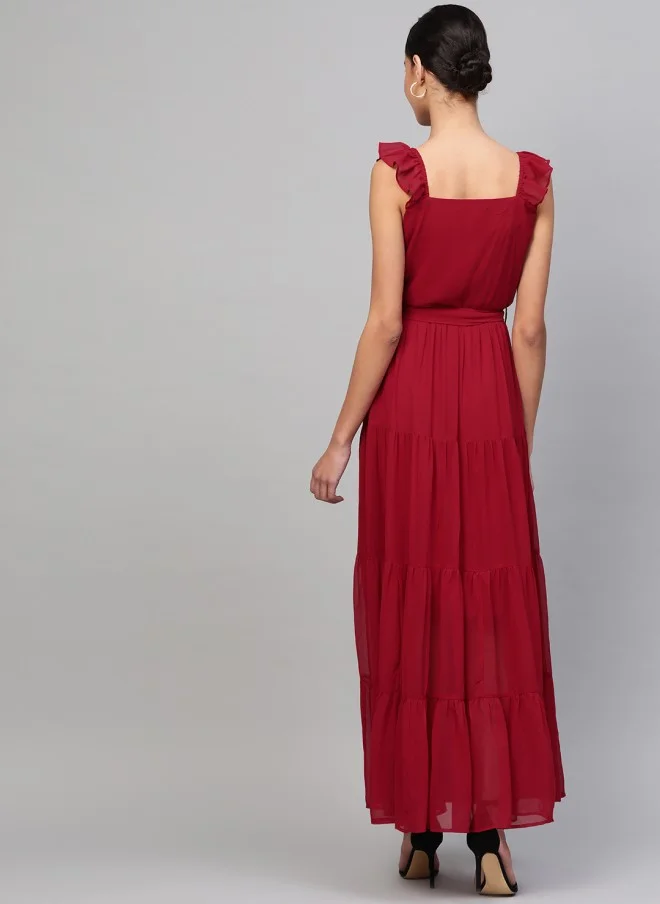 SASSAFRAS Maroon Tiered Maxi Dress for Women