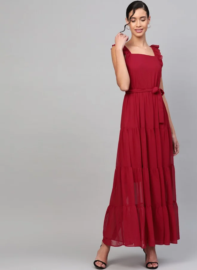 SASSAFRAS Maroon Tiered Maxi Dress for Women