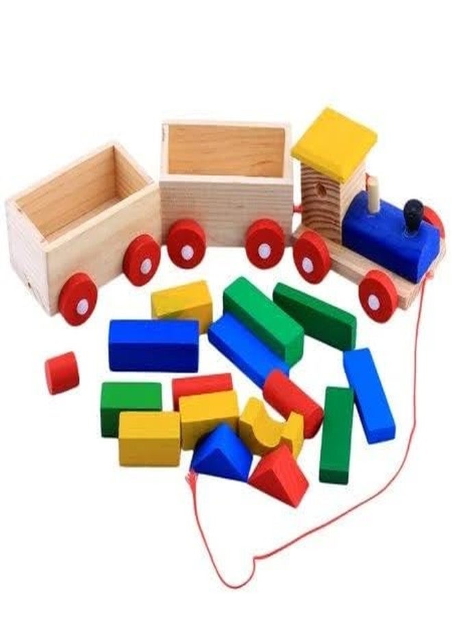 لعبة قطار خشبي متعدد الألوان للأطفال من Tiny Toys، لعبة تجميع أشكال مكعبات البناء الخشبية، قطار قابل للسحب مع مكعبات البناء - Image 4