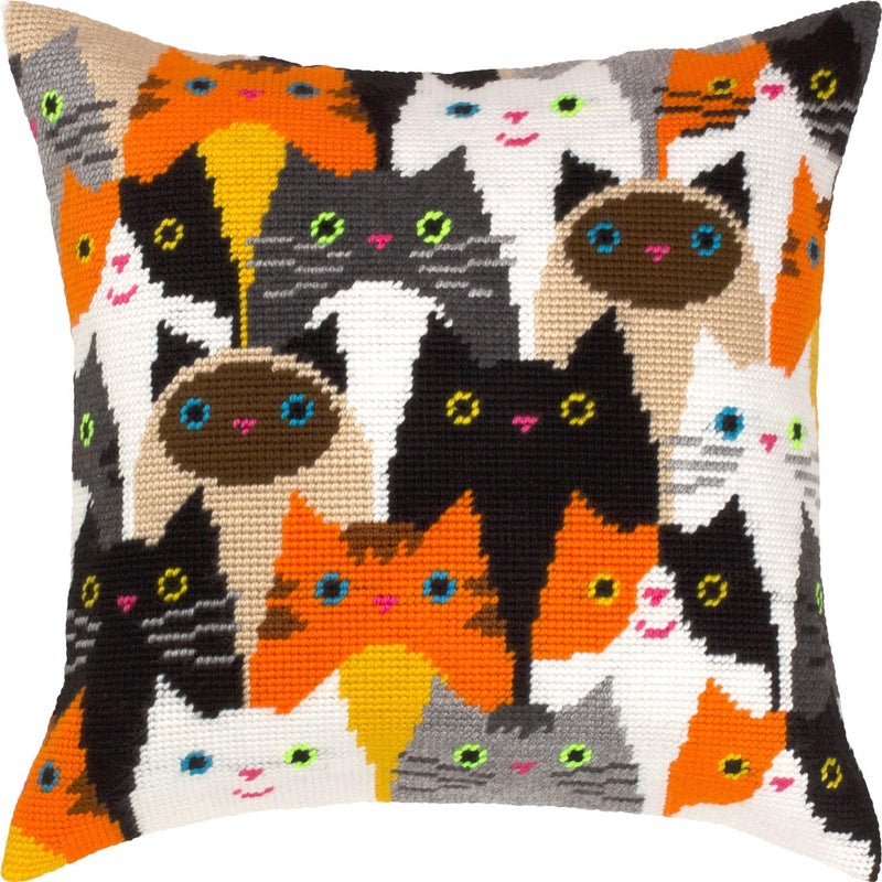 Brvsk Ferine Stamped Cross-Stitch Kit for Adults and Beginners — Cat Choir 16″ × 16″ with Clear, Precise Printed Design on Cotton Canvas; Includes 2 Needles, Yarn, and Easy-Read Chart - Image 1