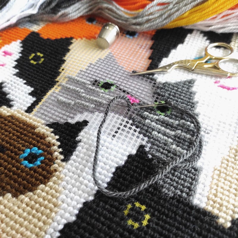 Brvsk Ferine Stamped Cross-Stitch Kit for Adults and Beginners — Cat Choir 16″ × 16″ with Clear, Precise Printed Design on Cotton Canvas; Includes 2 Needles, Yarn, and Easy-Read Chart - Image 3