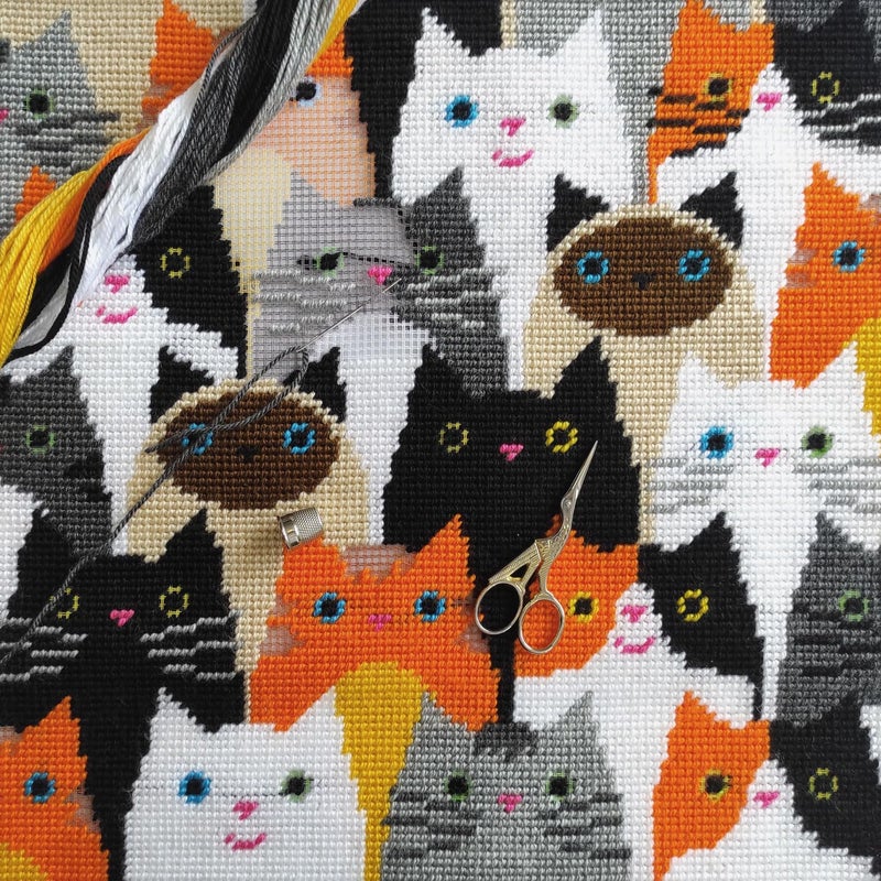 Brvsk Ferine Stamped Cross-Stitch Kit for Adults and Beginners — Cat Choir 16″ × 16″ with Clear, Precise Printed Design on Cotton Canvas; Includes 2 Needles, Yarn, and Easy-Read Chart - Image 2
