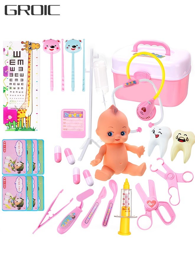 GROIC - 37PCS Kids Doctor Kit Pretend Play Medical Kit with Interactive Baby Doll Pretend Role Play Accessories Set Stethoscope, Thermometer, Needle, Medicine Bottle, Stick and Hammer Etc - Image 1