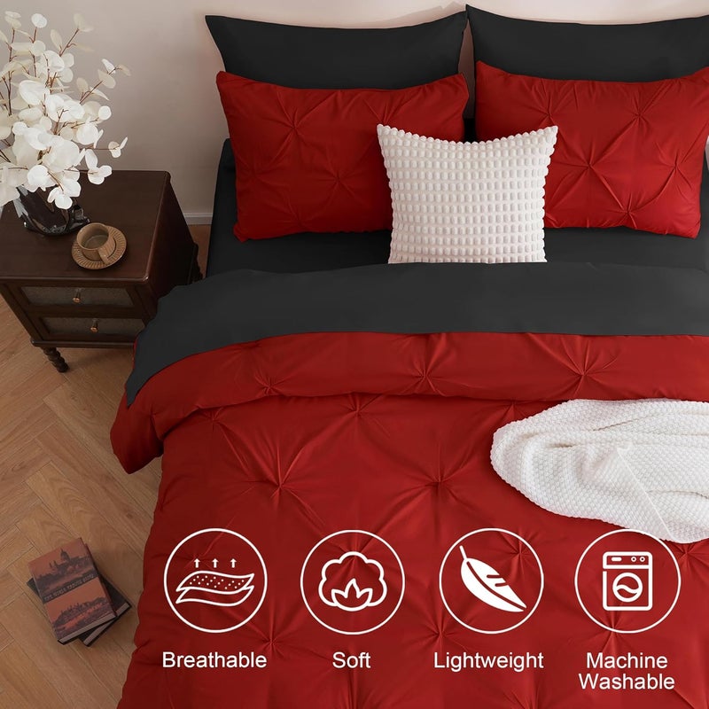 DOWNCOOL 7 Pieces Full Size Comforter Sets Red and Black, Pintuck Bed in A Bag, Pinch Pleat Full Size Bed Set, Soft Microfiber All Season Bedding Set with Sheets, Pillowcases & Shams - Image 3