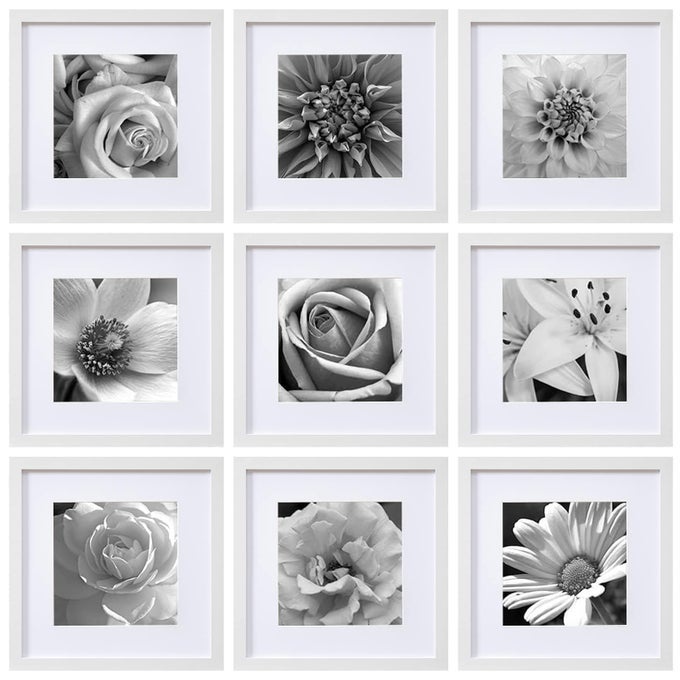 12X12 PICTURE FRAMES SET OF 9 CLASSIC GALLERY WALL FRAME SET DISPLAYS 8X8 PHOTO WITH MAT OR 12X12 NO MAT SQUARE PICTURE FRAMES COLLAGE WALL DECOR WHITE HOME DECOR FOR HANGING
