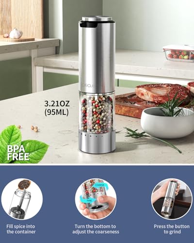 CircleJoy CIRCLE JOY Electric Pepper Grinder Stainless Steel Rechargeable Pepper Mill with External Adjustable Coarseness, 95ml Container and White LED Light, Silver - Image 5