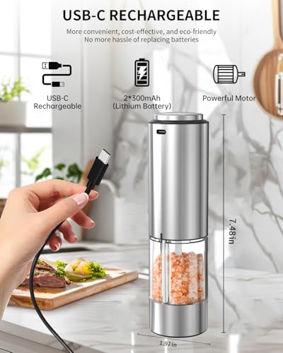 CircleJoy CIRCLE JOY Electric Pepper Grinder Stainless Steel Rechargeable Pepper Mill with External Adjustable Coarseness, 95ml Container and White LED Light, Silver - Image 3