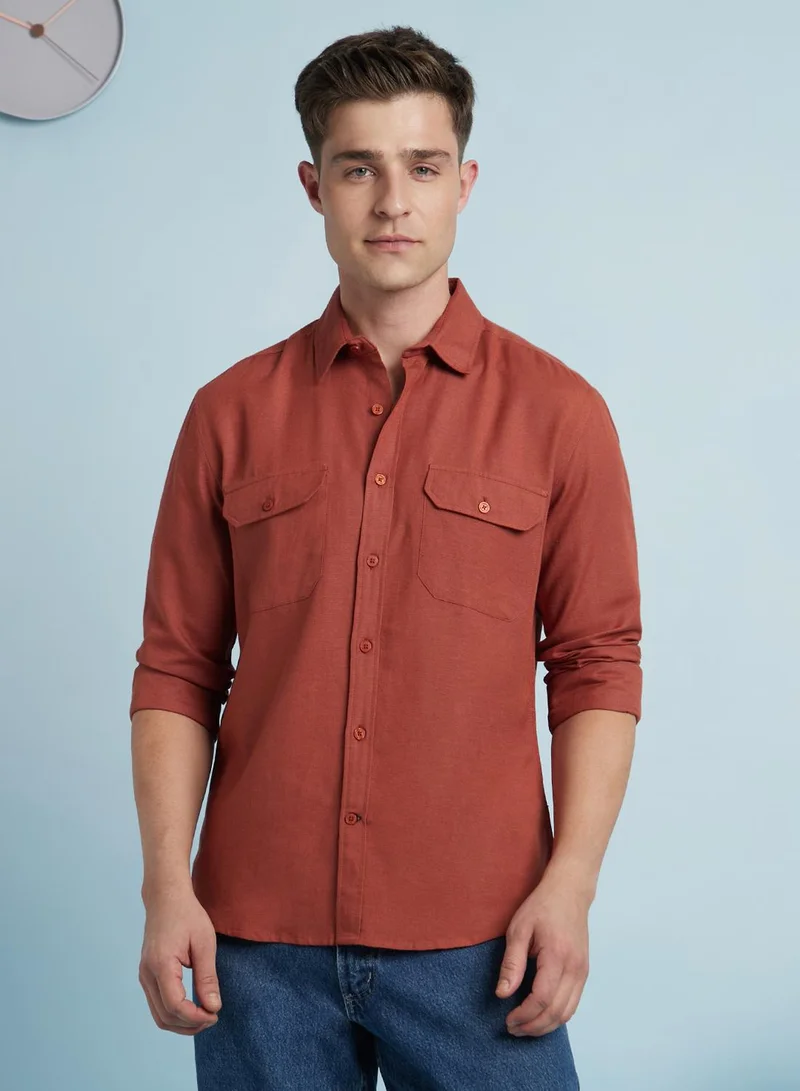 Dennis Lingo Men's Rust Cotton Blend Solid Regular Fit Shirt
