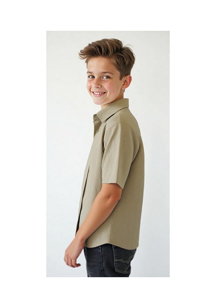 CHARCHIT Boys Solid Half Sleeve Shirt with Regular Fit T-Shirt - Beige - Image 3