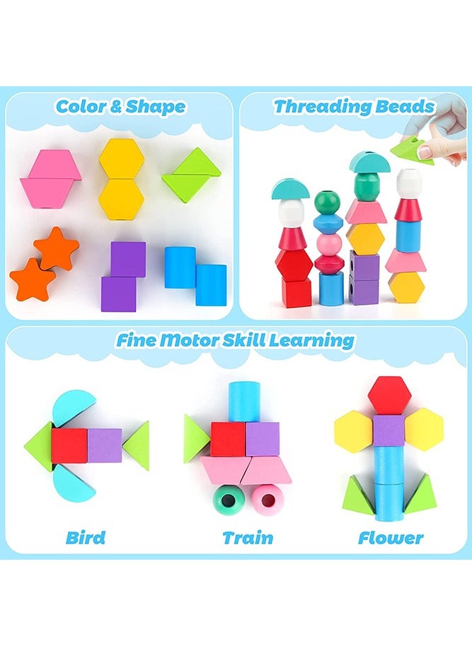 Bebiland - Wooden Beads Sequencing Toys, Lacing Beads and Matching Shapes Colors Stacking Toys for 2 3 4 5 Years Old Toddler - Image 1
