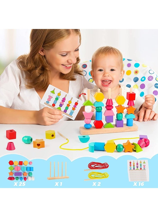 Bebiland - Wooden Beads Sequencing Toys, Lacing Beads and Matching Shapes Colors Stacking Toys for 2 3 4 5 Years Old Toddler - Image 1