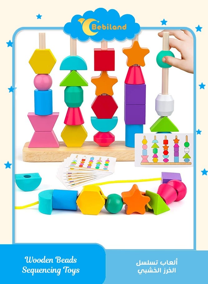 Bebiland Wooden Beads Sequencing Toys, Lacing Beads and Matching Shapes Colors Stacking Toys for 2 3 4 5 Years Old Toddler - Image 1