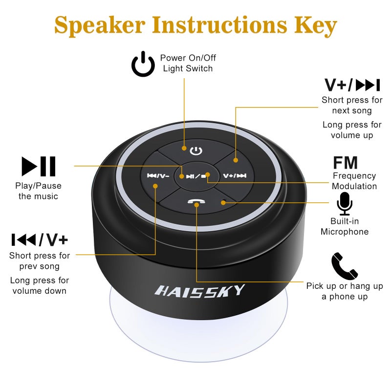 HAISSKY مكبرات صوت هايسكي بلوتوث للاستحمام، مكبر صوت محمول لاسلكي مع كوب شفط، مكبر صوت لاسلكي خارجي مقاوم للماء IP67، يتصل بسهولة بالهواتف، الأجهزة اللوحية، الكمبيوتر، هدية للرجال والنساء - Image 4