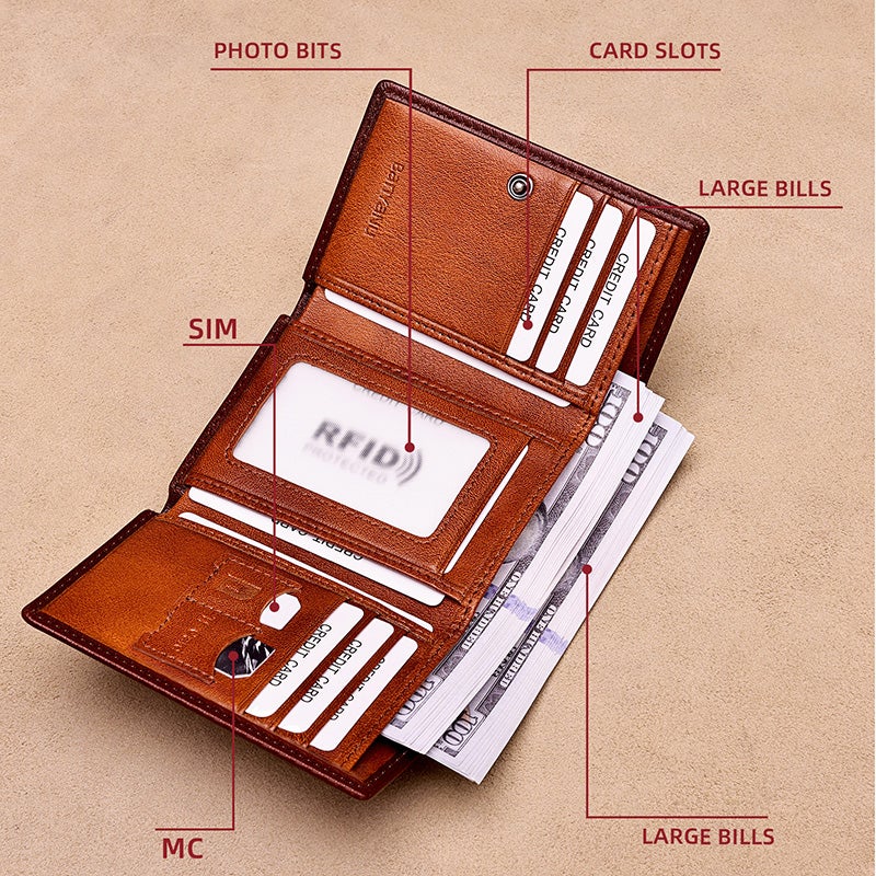 banyanu Men's Genuine Leather Tri-Fold Wallet with ID Window, 11 Card Slots, and 2 Bill Pockets; RFID Anti-Theft; Blue-Gray Cabinet Microfiber - Image 3