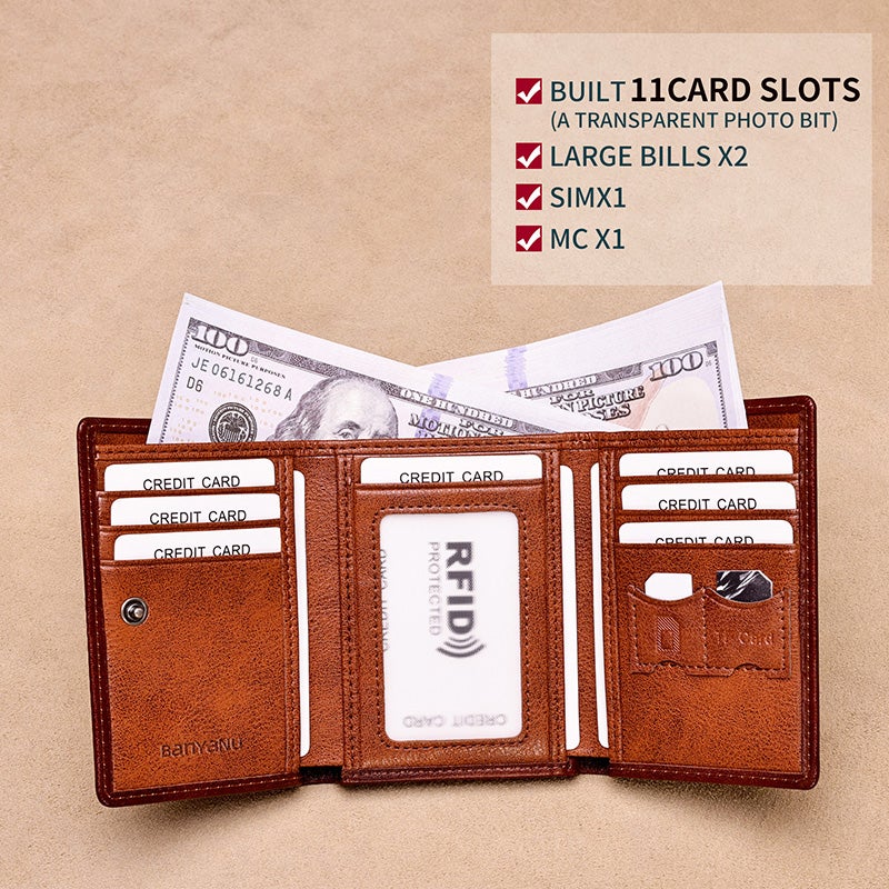 banyanu Men's Genuine Leather Tri-Fold Wallet with ID Window, 11 Card Slots, and 2 Bill Pockets; RFID Anti-Theft; Blue-Gray Cabinet Microfiber - Image 4