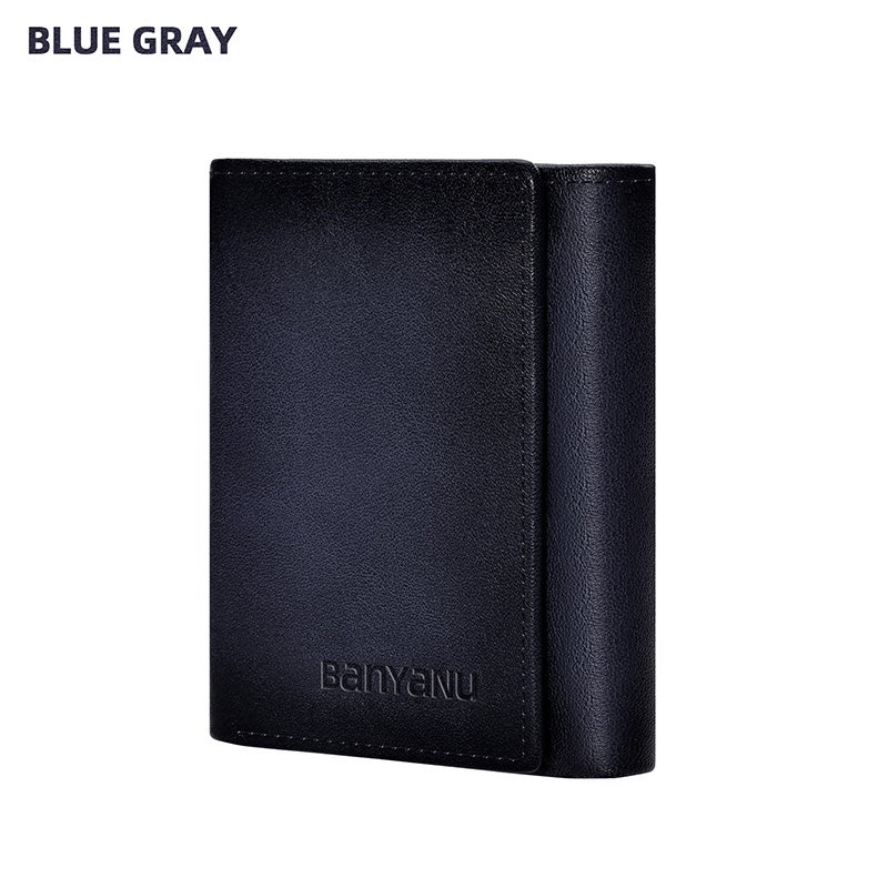 banyanu Men's Genuine Leather Tri-Fold Wallet with ID Window, 11 Card Slots, and 2 Bill Pockets; RFID Anti-Theft; Blue-Gray Cabinet Microfiber - Image 1