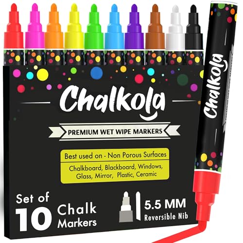 Chalkola Chalk Markers for Blackboard, Chalkboard, Window, Bistro, Car Glass, Board, Wall Calendar (10 Pack, 6mm Reversible Tip) - Wet Wipe Erasable Liquid Chalk Pens | Chalkboard Markers Erasable - Image 1