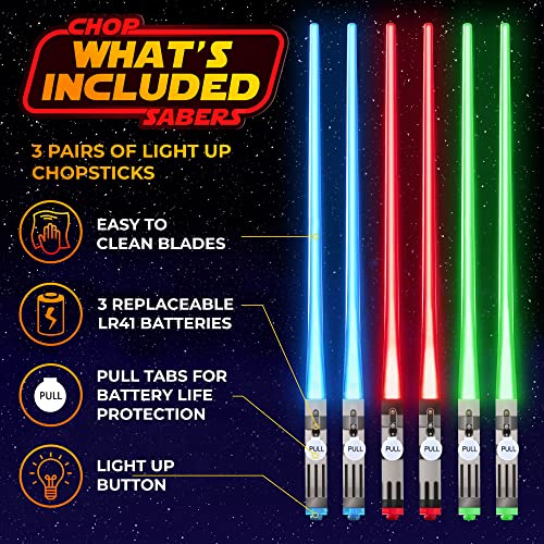 ChopSabers Lightsaber Led Light Up Chopsticks (3 Pairs, Red Green Blue) - Image 3