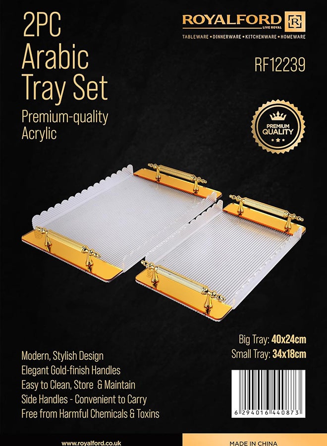 Royalford 2-Piece Arabic Style Tray Set Elegant Gold Finish With Handles Stackable Easy to Clean Lightweight Convenient to Store - Image 2