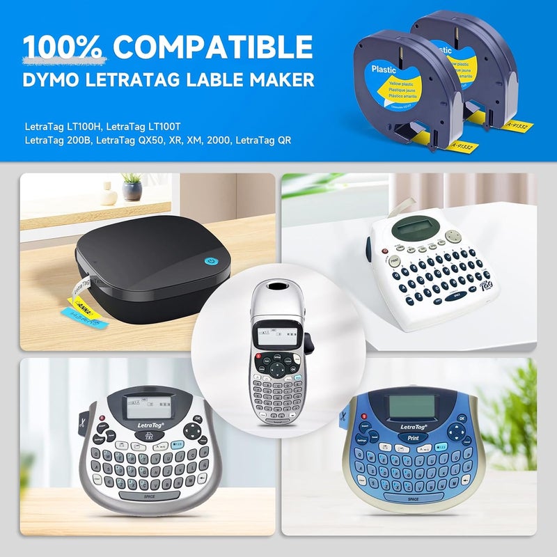 لايبل أوريسون عبوات إعادة تعبئة LetraTag 91332 S0721620 شريط بلاستيكي متوافق مع آلة وضع العلامات DYMO LT100H LT100T بلس، أسود على أصفر 1/2 بوصة × 13 قدم 12 مم × 4 م، 5 عبوات - Image 2