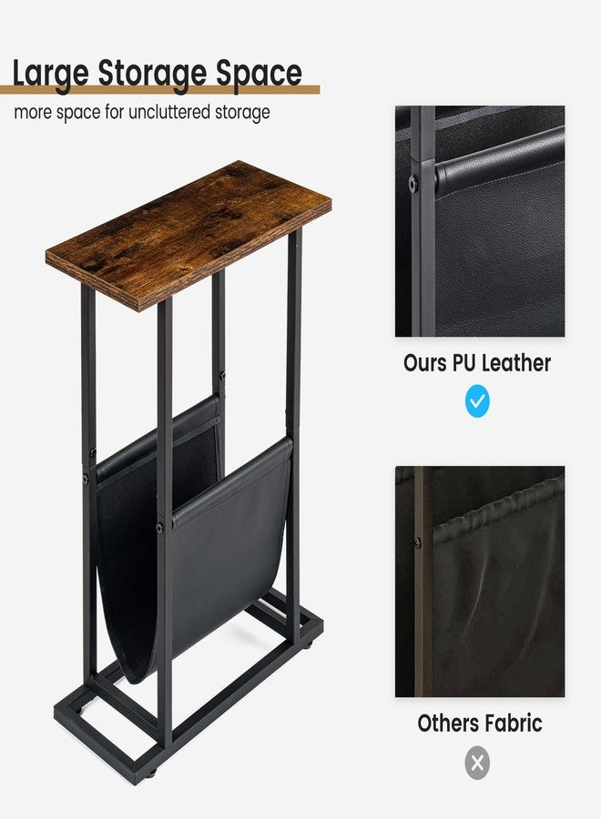 FLYJOE Narrow Side Table with PU Leather Magazine Holder Rustic Slim Little Thin Table for Living Room, Bedroom, Sofa, Rustic Brown - Image 4
