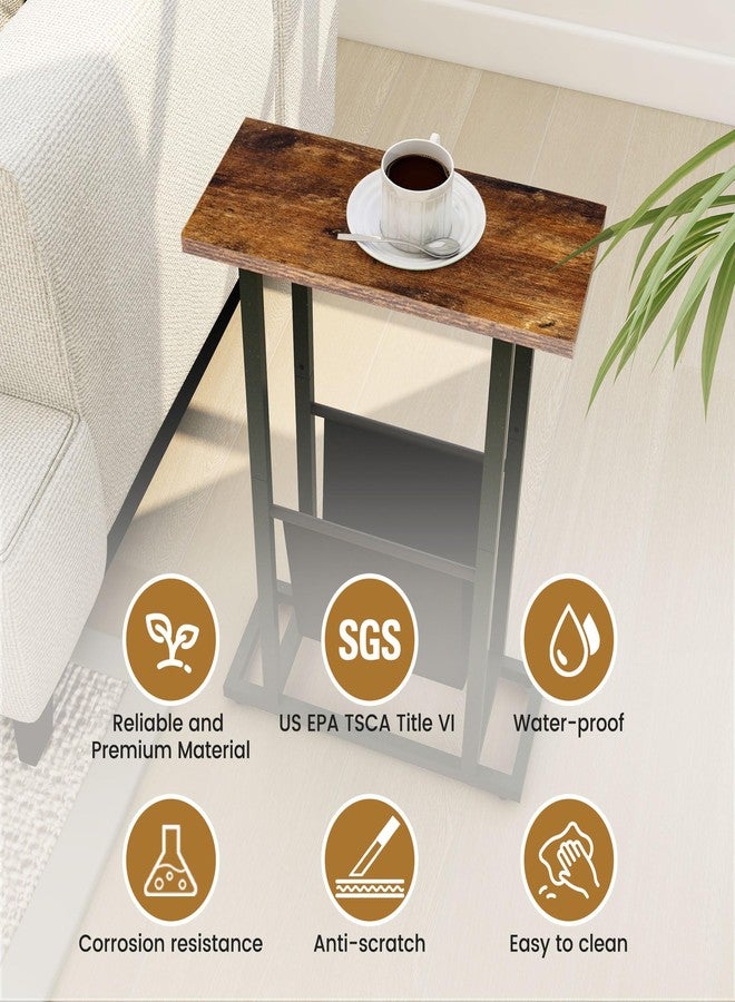 FLYJOE Narrow Side Table with PU Leather Magazine Holder Rustic Slim Little Thin Table for Living Room, Bedroom, Sofa, Rustic Brown - Image 3