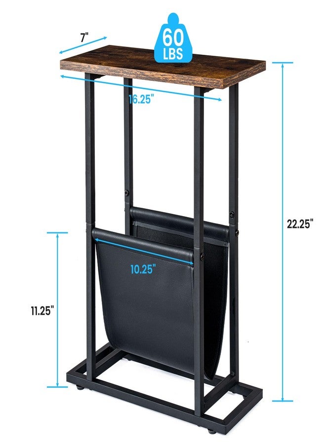 FLYJOE Narrow Side Table with PU Leather Magazine Holder Rustic Slim Little Thin Table for Living Room, Bedroom, Sofa, Rustic Brown - Image 2