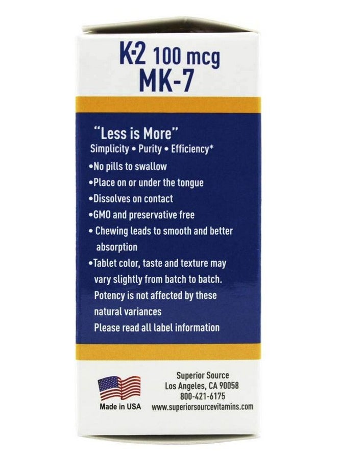 Vitamin K2 Mk7 (Menaquinone7) 100 Mcg Quick Dissolve Sublingual Tablets 60 Count Healthy Bones And Arteries Immune & Cardiovascular Support Assists Protein Synthesis Nongmo