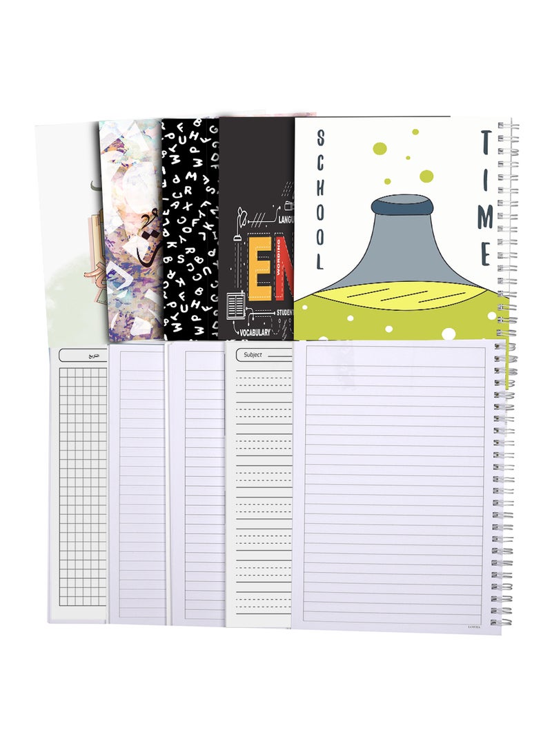 LOWHA Set of 5 Spiral Notebooks for School, 60 Sheets with Hard Paper Covers for Arabic, English, Math with a Set of School Supplies Multicolour - Image 3