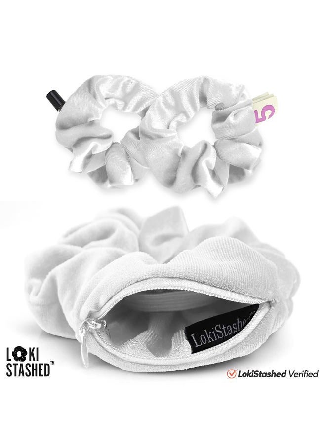 LokiStashed 3-PACK Velvet Hair Tie Scrunchies for VSCO Girls & Women, THE ORIGINAL HIDDEN POCKET SCRUNCHIE with Zipper Pocket Storage, Accessories, Small Items, Keys, Money - Triple White Set - Image 3