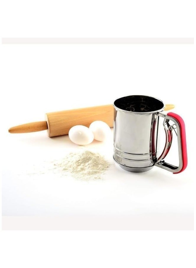 منخل دقيق من الستانلس ستيل بطبقتين – بمقبض ضغط بيد واحدة- متعدد الألوان - Image 4