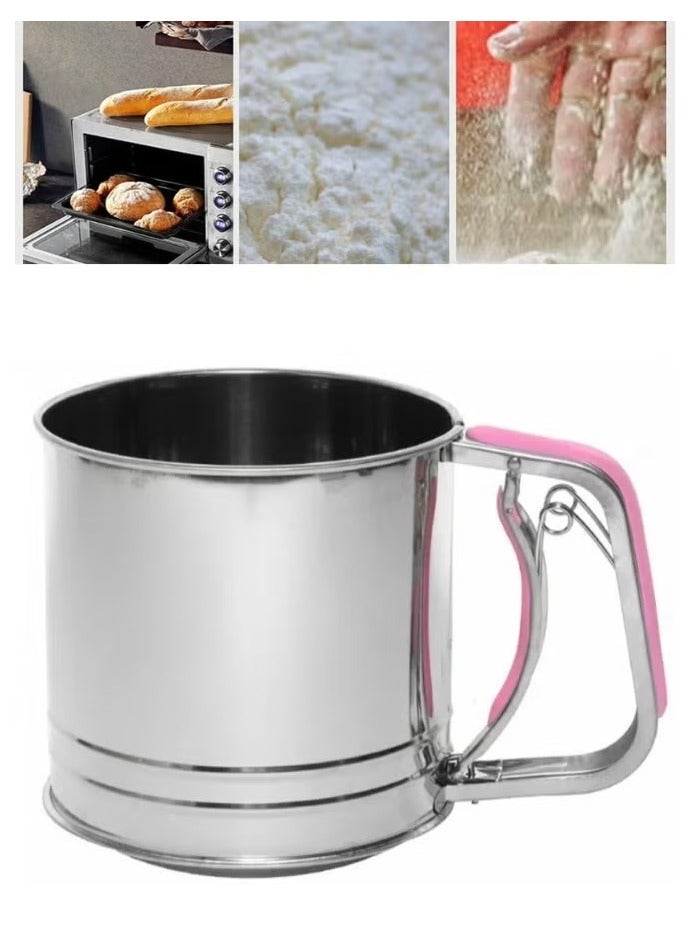 منخل دقيق من الستانلس ستيل بطبقتين – بمقبض ضغط بيد واحدة- متعدد الألوان - Image 2