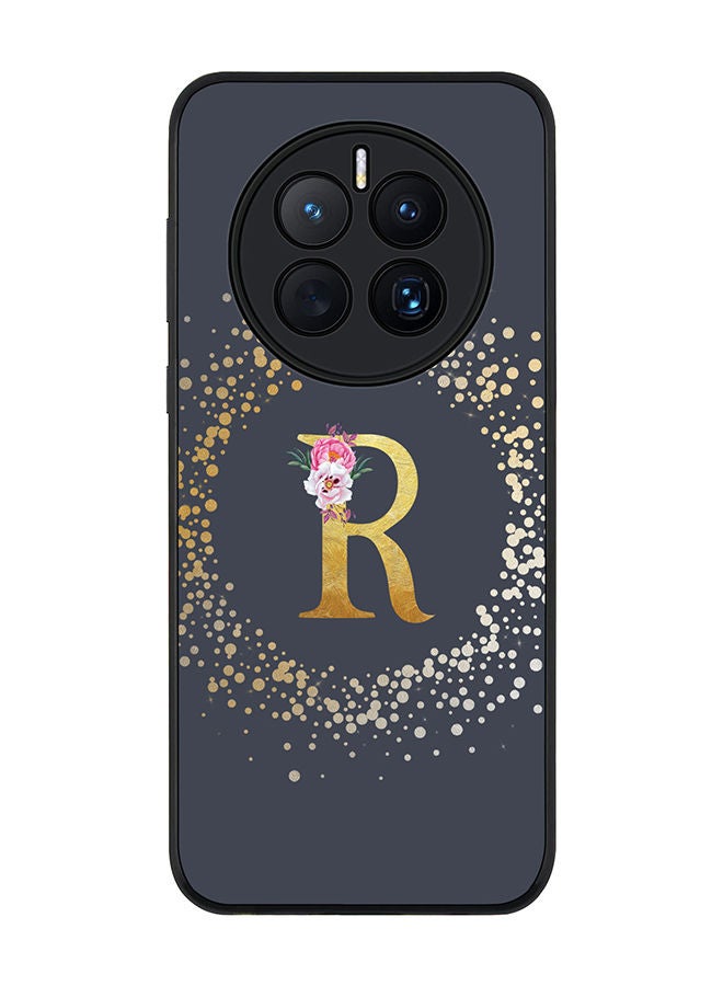 Rugged Black edge case for Huawei Mate 50 Slim fit Soft Case Flexible Rubber Edges TPU Gel Thin Cover - Custom Monogram Initial Letter Floral Pattern Alphabet - R (Grey)