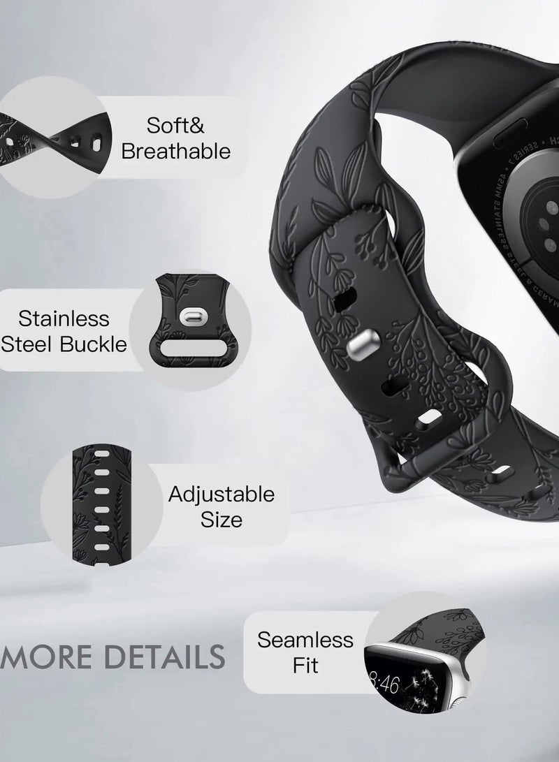 Compatible with Apple Watch Straps 42mm 44mm 45mm 49mm, Soft Silicone Sport Strap Women Engraved Dandelion Pattern Replacement for iWatch Series 8,7,SE,6,5,4,3,2,1, Black+White - Image 2