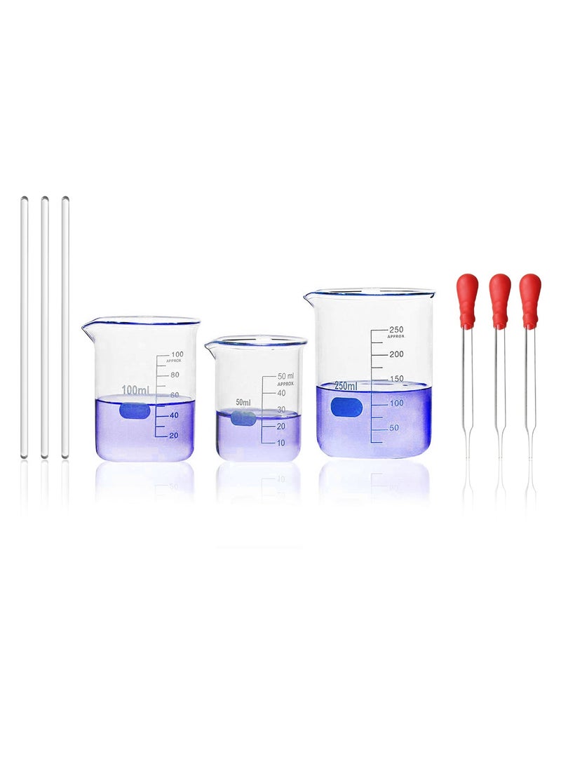 King Mariot 3 Pcs | Graduated Glass Beaker Set | 50ml, 100ml, 250ml | Borosilicate 3.3 Glass | Complete with Glass Droppers and Stirring Glass Rods | Laboratory Essentials  - Image 1