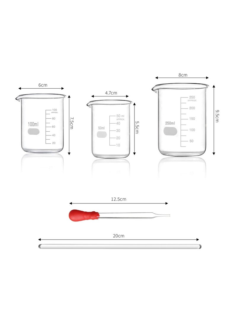 King Mariot 3 Pcs | Graduated Glass Beaker Set | 50ml, 100ml, 250ml | Borosilicate 3.3 Glass | Complete with Glass Droppers and Stirring Glass Rods | Laboratory Essentials  - Image 3