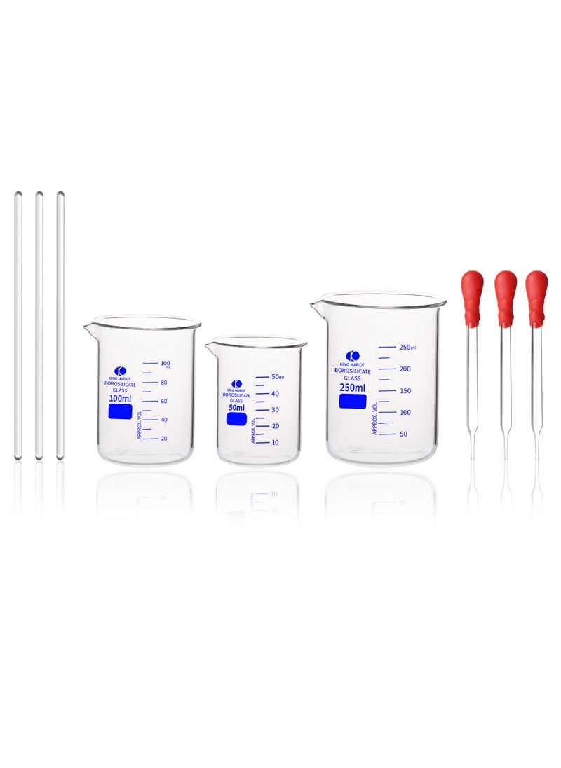 King Mariot 3 Pcs | Graduated Glass Beaker Set | 50ml, 100ml, 250ml | Borosilicate 3.3 Glass | Complete with Glass Droppers and Stirring Glass Rods | Laboratory Essentials  - Image 2