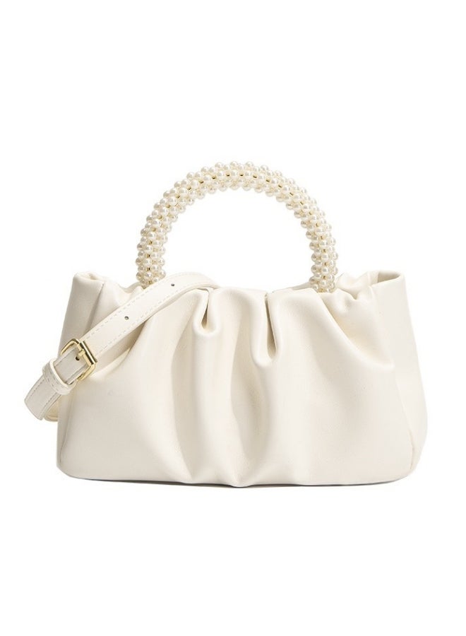 Women's White Pleated Shoulder Bag, Ladies PU Leather Crossbody Bag/Side Bag/Phone Bag/Small Bag for Dinner/Wedding/Party, Pearl Handle Clutch Bag/Carry Bag/Handbag for Girls and College Students - Image 1