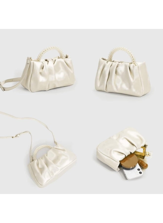 Women's White Pleated Shoulder Bag, Ladies PU Leather Crossbody Bag/Side Bag/Phone Bag/Small Bag for Dinner/Wedding/Party, Pearl Handle Clutch Bag/Carry Bag/Handbag for Girls and College Students - Image 3