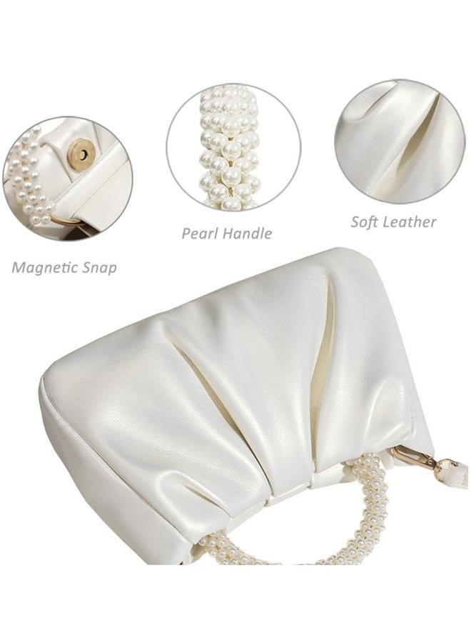 Women's White Pleated Shoulder Bag, Ladies PU Leather Crossbody Bag/Side Bag/Phone Bag/Small Bag for Dinner/Wedding/Party, Pearl Handle Clutch Bag/Carry Bag/Handbag for Girls and College Students - Image 5