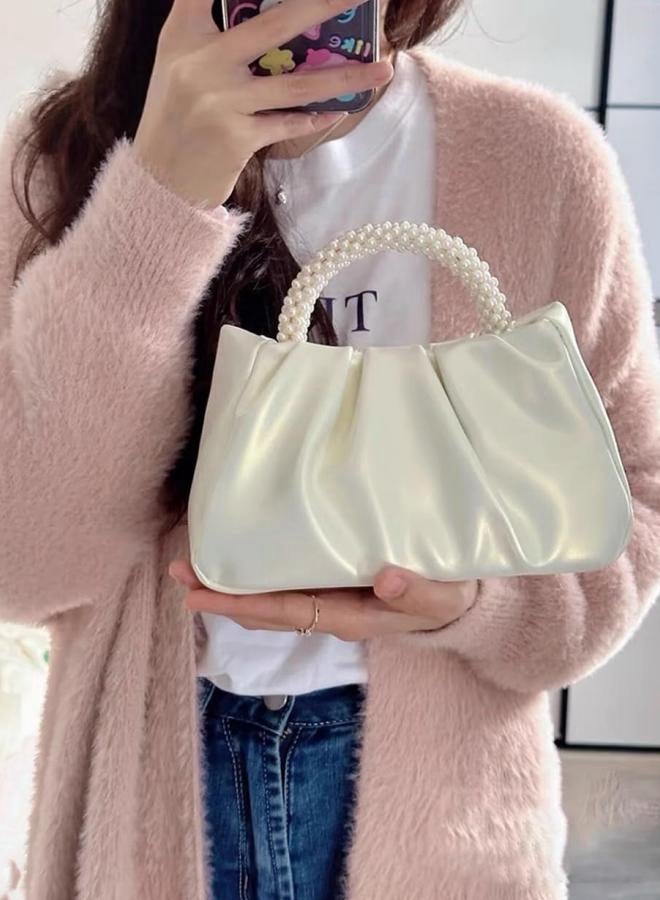 Women's White Pleated Shoulder Bag, Ladies PU Leather Crossbody Bag/Side Bag/Phone Bag/Small Bag for Dinner/Wedding/Party, Pearl Handle Clutch Bag/Carry Bag/Handbag for Girls and College Students - Image 2