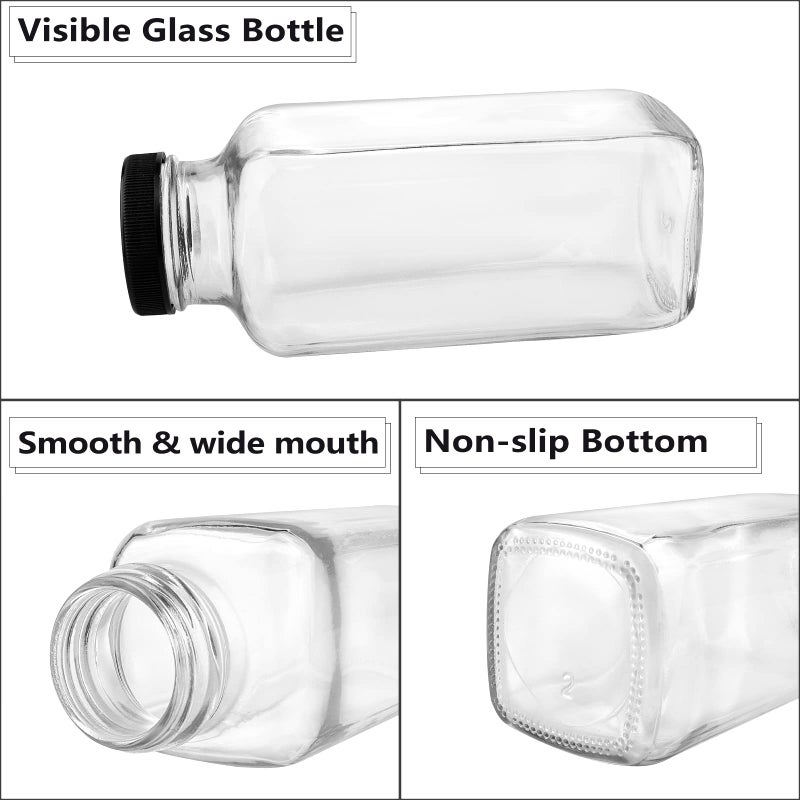 GUANENA 12 Pack Glass Drink Bottles, 12 OZ Vintage Square Water Bottles with Lids, Juice Bottles Beverages Containers for Milk, Kombucha, Smoothies - Image 3
